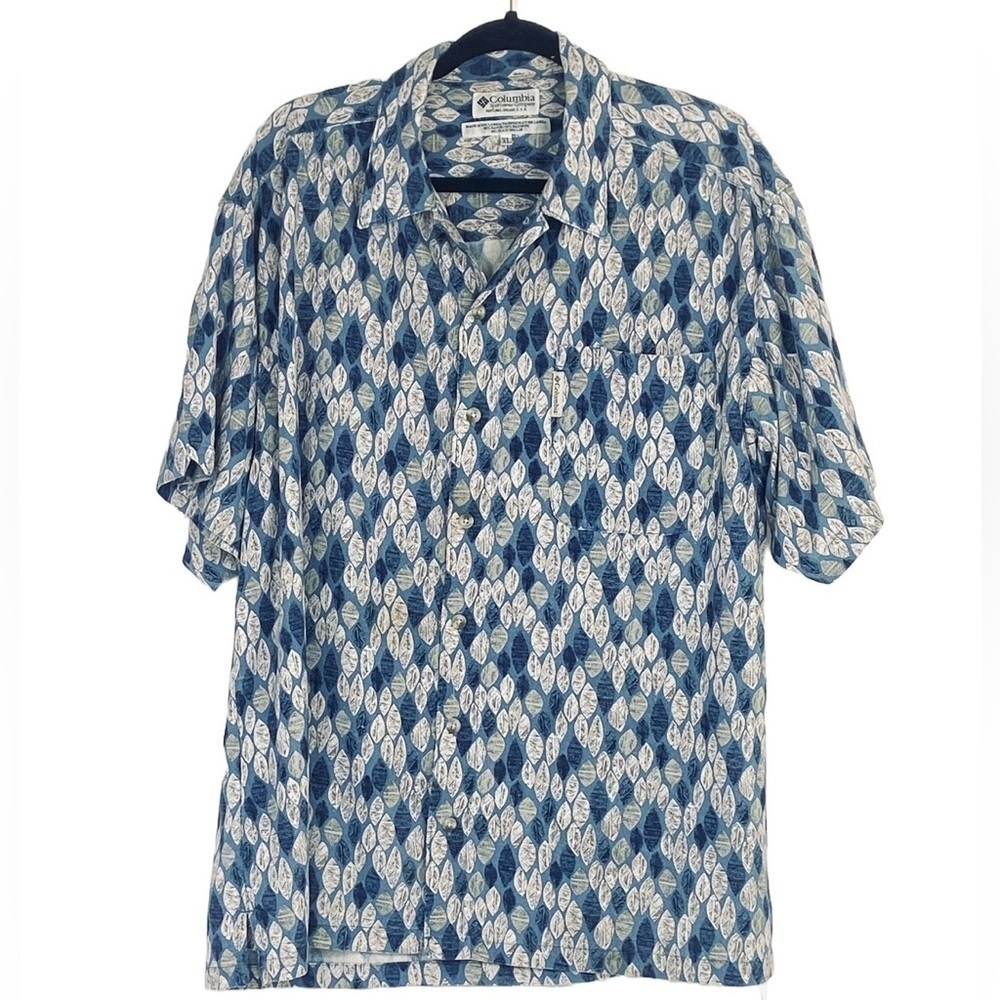 Columbia Linen Blend Shirt Mens XL Blue Leaf Print S/S Button Up Casual